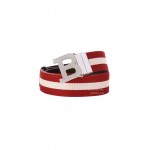 Bally Tamal Calf Leather Textile Stripe B Buckle Belt Red