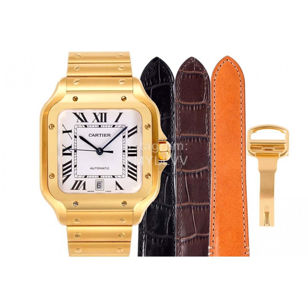 Cartier Santos Series Square Dial Steel Strap Watch Gold