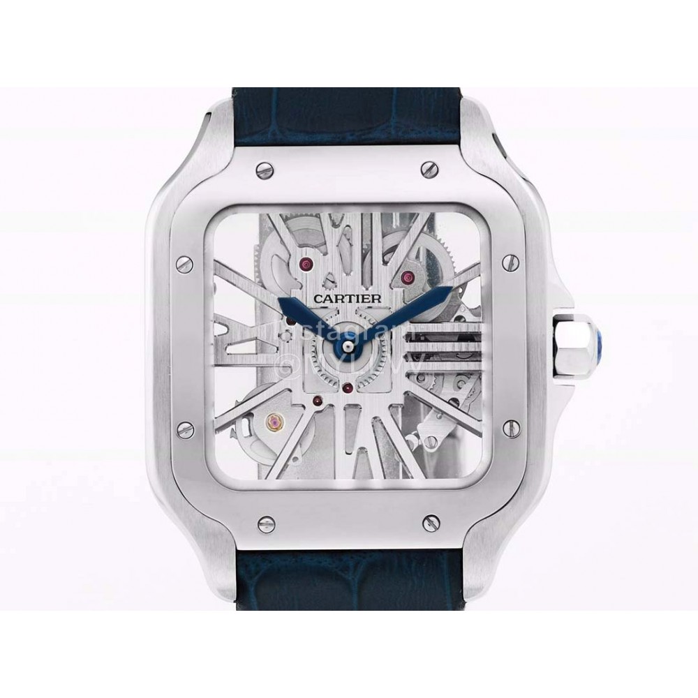Cartier Square Hollow Dial Leather Strap Watch Silver