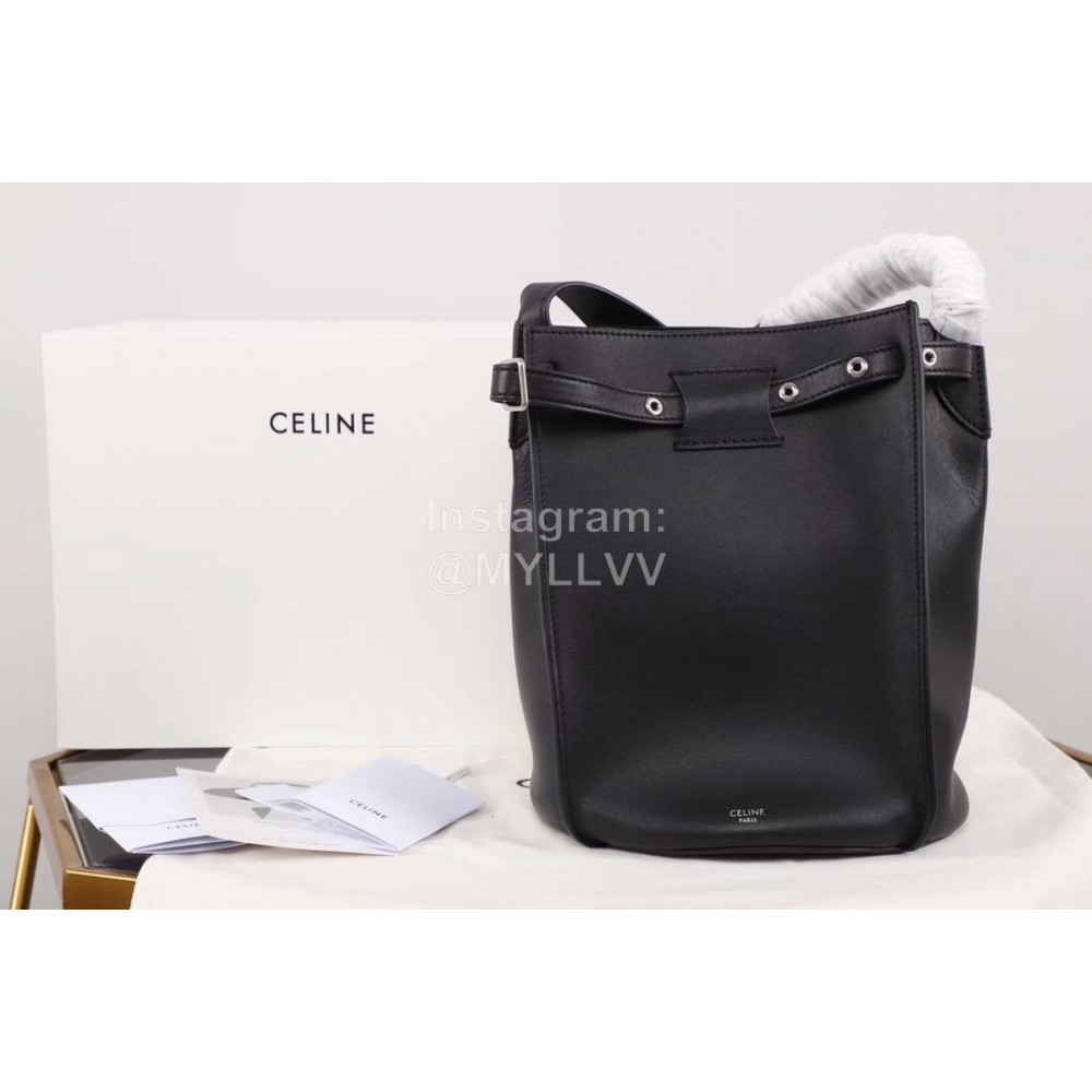 Celine Calfskin Vintage One Shoulder Bucket Bag Black 189343