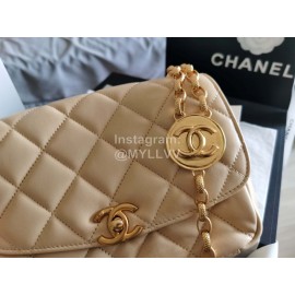 Chanel Autumn Winter Leather Chain Classic Flap Bag Beige