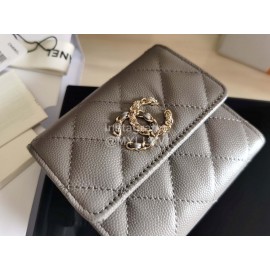 Chanel Autumn Winter Leather Three Fold Short Wallet Gray