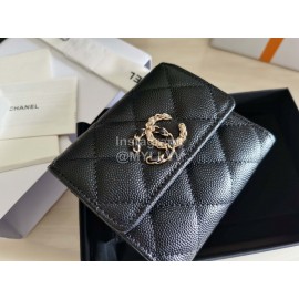Chanel Autumn Winter Leather Three Fold Short Wallet Black