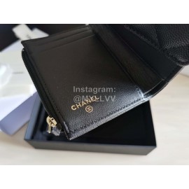 Chanel Autumn Winter Leather Three Fold Short Wallet Black