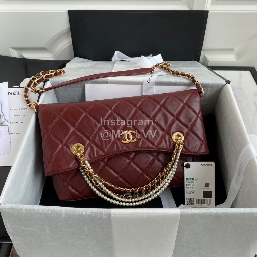 Chanel Autumn Winter Pearl Chain Shopping Bag For Women Wine Red As2213 