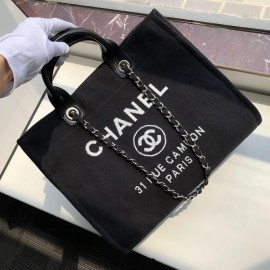 Chanel Black Denim Canvas Shopping Bag Chain Shoulder Bag For Women 