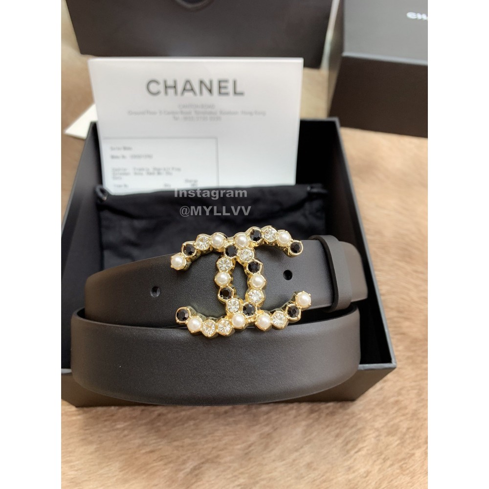 Chanel Double Side Calf Leather Pearl Buckle 30mm Belts For Women Black
