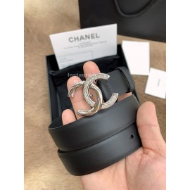 Chanel Black Calf Leather Silver Diamond Buckle 30mm Belts For Women 