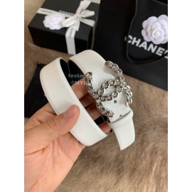 Chanel Fashion Silver Buckle Calf Leather 30mm Belts For Women White