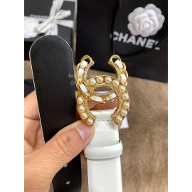 Chanel Fashion Pearl Buckle Calf Leather 30mm Belts For Women White