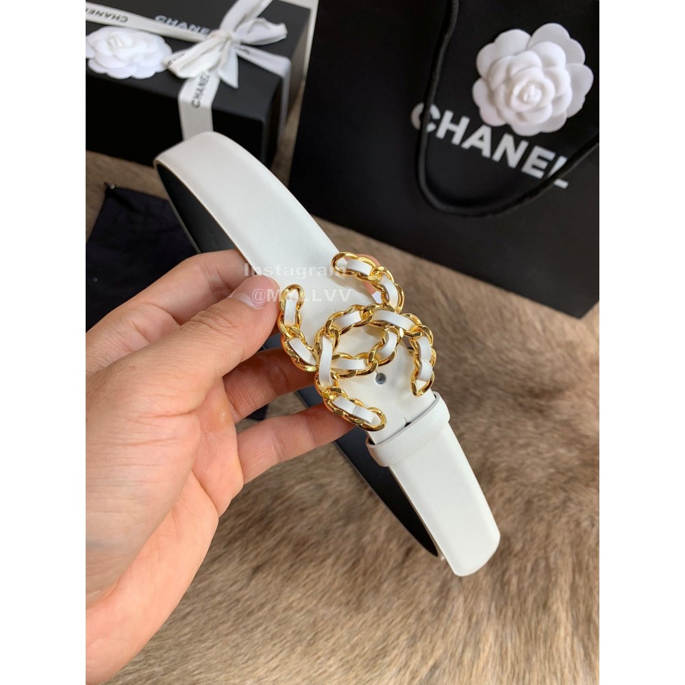 Chanel Calf Leather Fashion Gold Buckle 30mm Belts For Women White