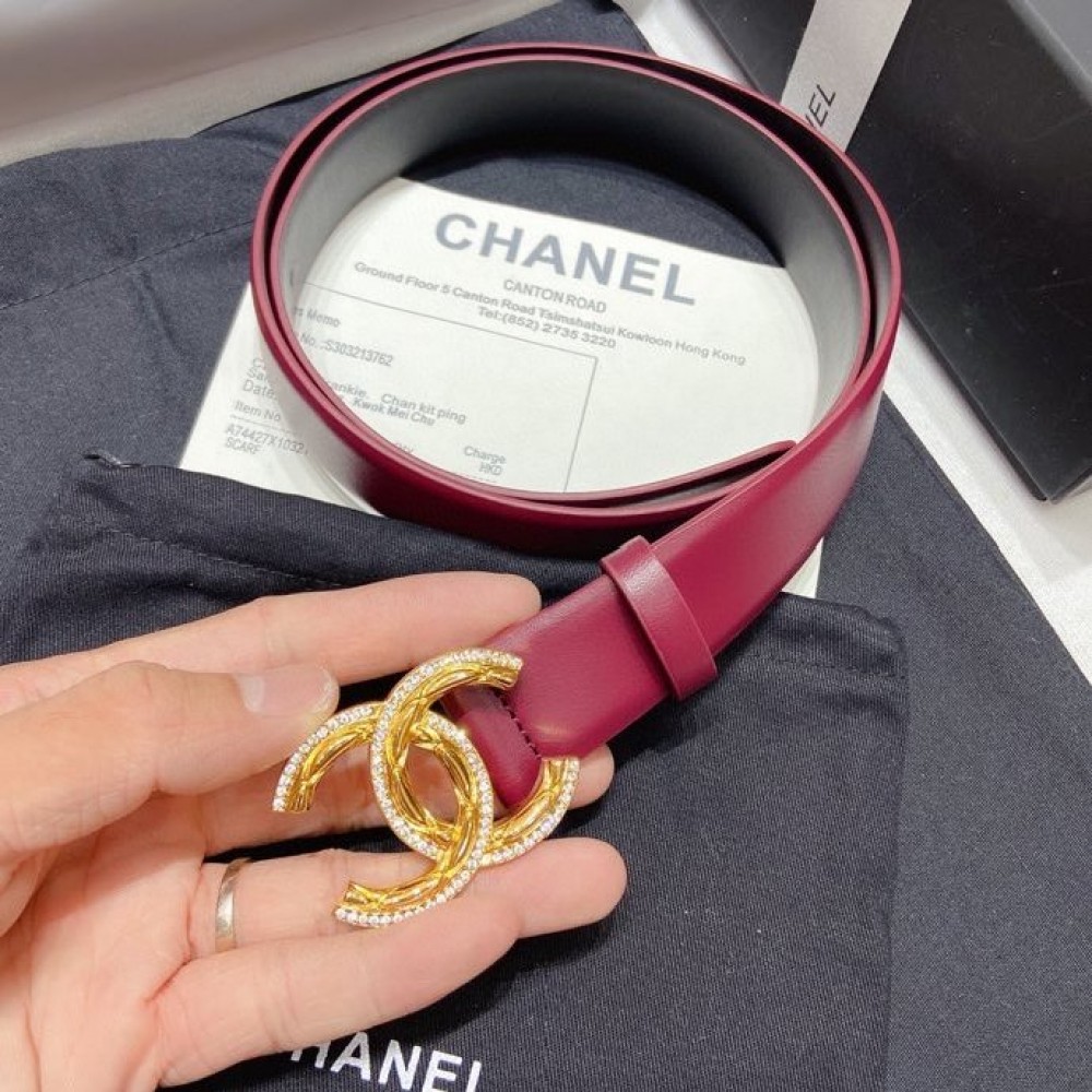 Chanel New Calf Leather Diamond Buckle 30mm Belt Wine Red