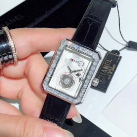 Chanel Boyfriend Series Sapphire Crystal Leather Strap Watch White