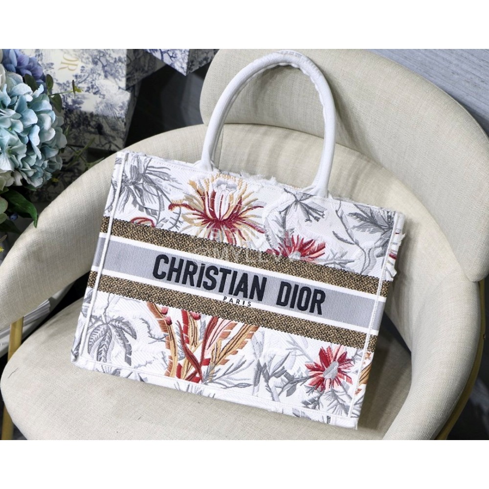 Dior Book Tote Garden White Embroidery Canvas Bag For Women Small M1286