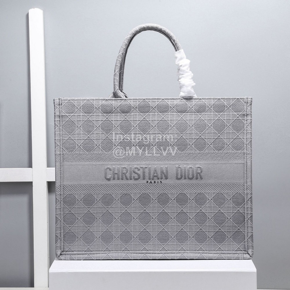 Dior Book Tote Embroidered Rattan Check Large Handbag Silver