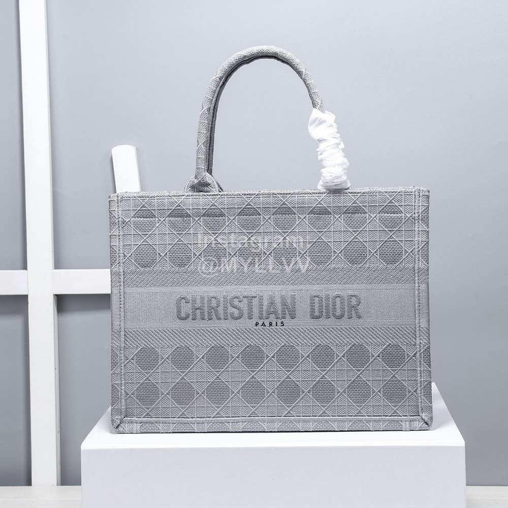 Dior Book Tote Embroidered Rattan Check Small Handbag Silver