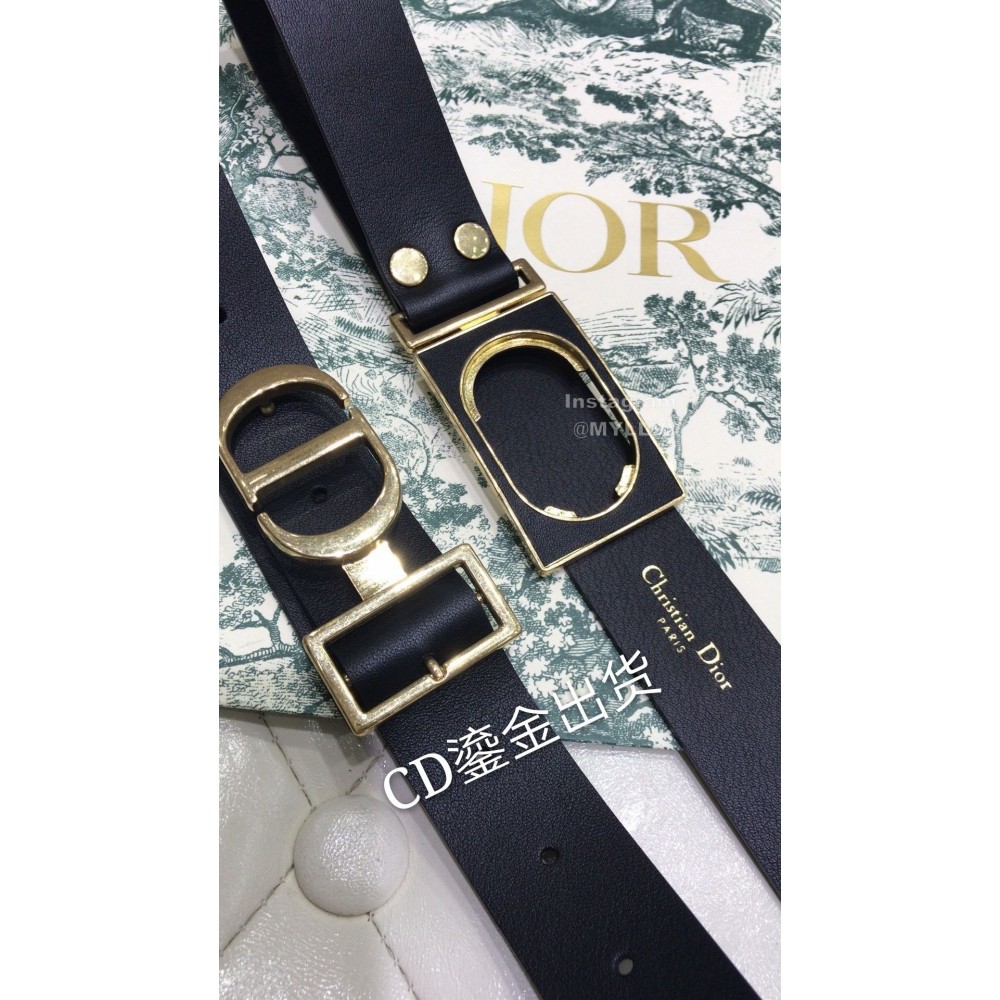 Dior Retro Calf Leather Gold Letters Buckle 30mm Belt Black