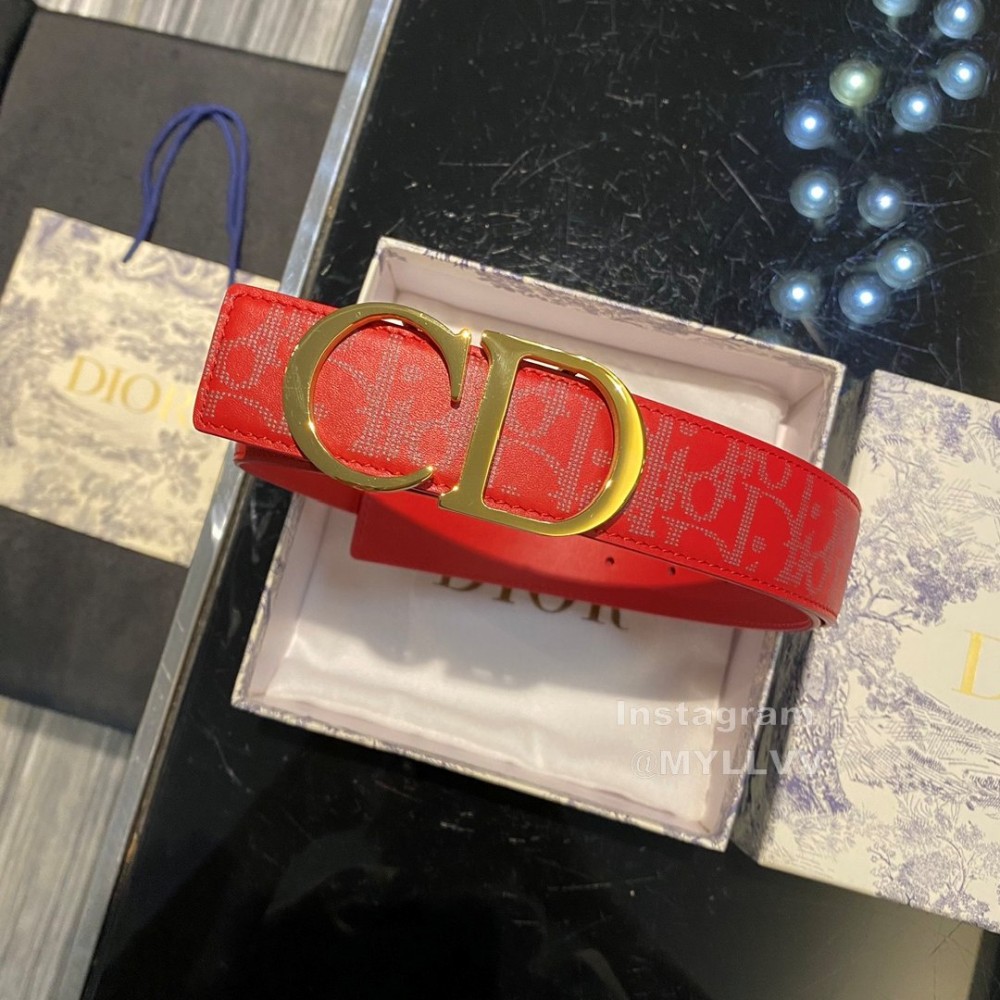 Dior Oblique Printed Calf Leather Brass Belt Buckle 35mm Belt Red