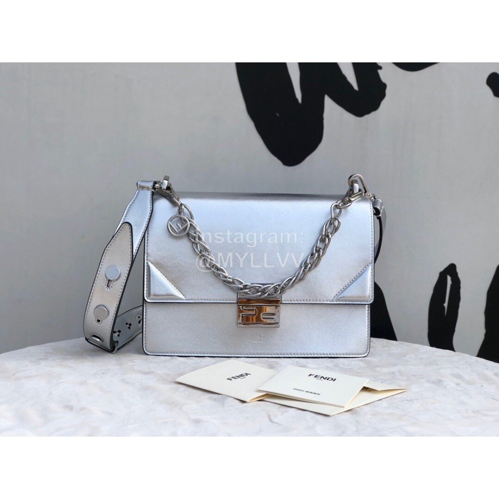 Fendi Calfskin Chain Flip Bag For Women Silver