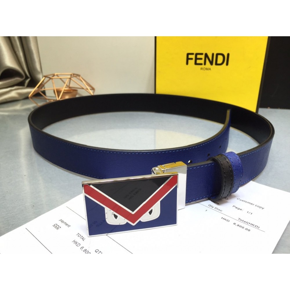 Fendi Black Blue Calf Leather Monster Enamel Buckle 35mm Belt