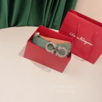 Ferragamo Fashion Calf Leather Crystal Buckle 15mm Belt For Women Green