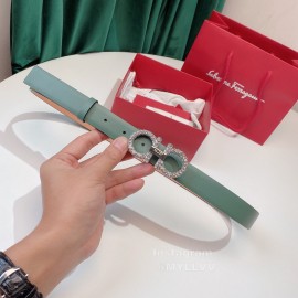 Ferragamo Fashion Calf Leather Crystal Buckle 15mm Belt For Women Green