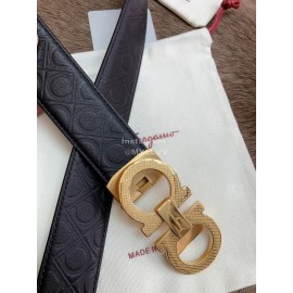 Ferragamo Embossed Cowhide Pure Copper Gold Buckle 35mm Belt For Men Black
