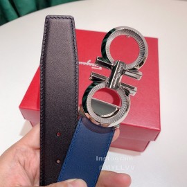 Ferragamo Calf Leather Silver Buckle 35mm Belt For Men Blue