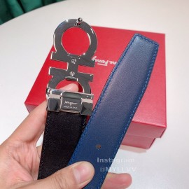 Ferragamo Calf Leather Silver Buckle 35mm Belt For Men Blue