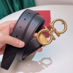 Ferragamo Black Calf Leather Gold Buckle 35mm Belt For Men 