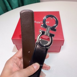 Ferragamo Black Calf Leather Silver Buckle 35mm Belt For Men 