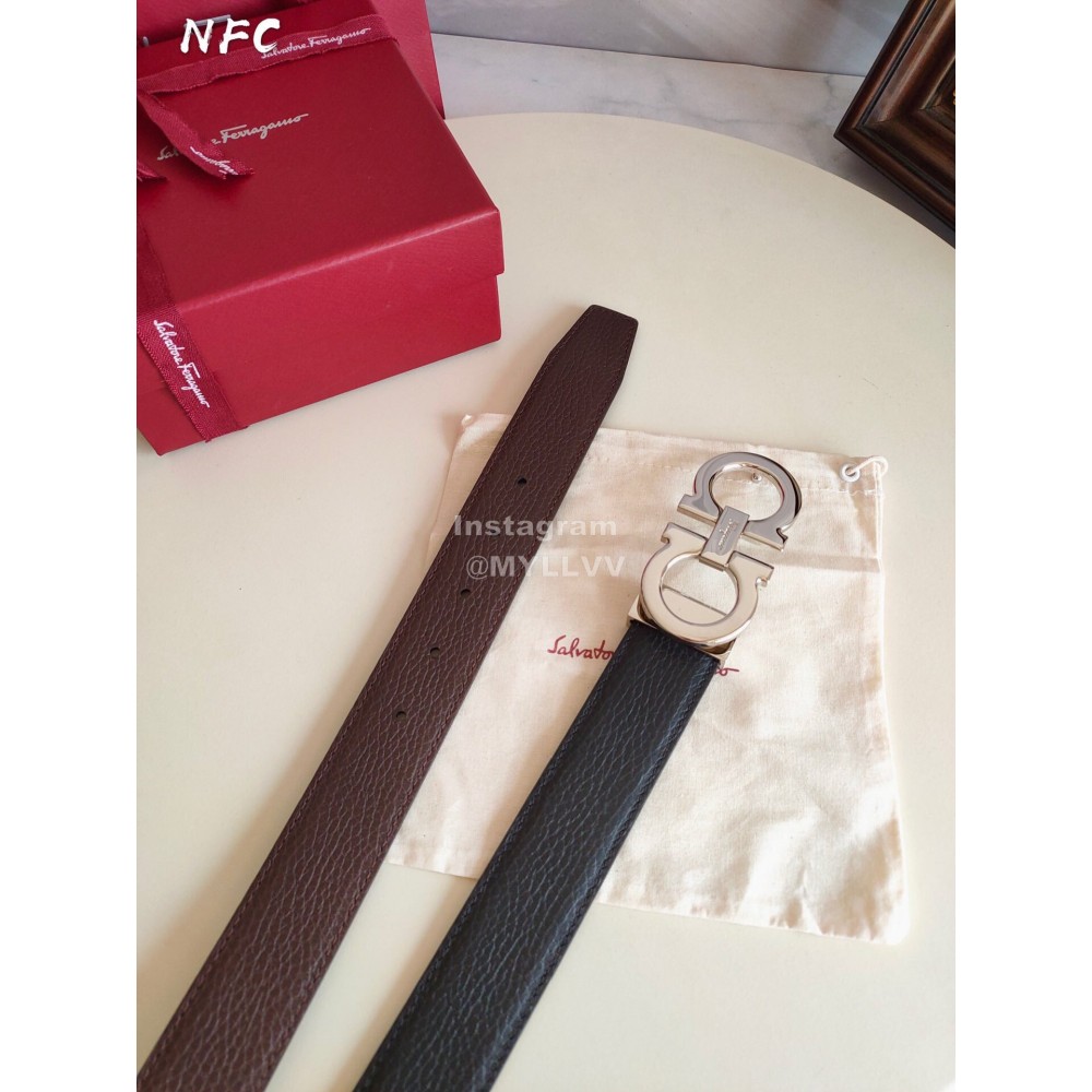 Ferragamo Black New Calf Leather Silver Buckle 35mm Belt For Men 
