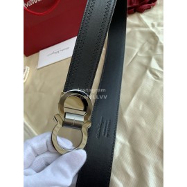 Ferragamo Fashion Black Leather Silver Pure Copper Buckle Belt