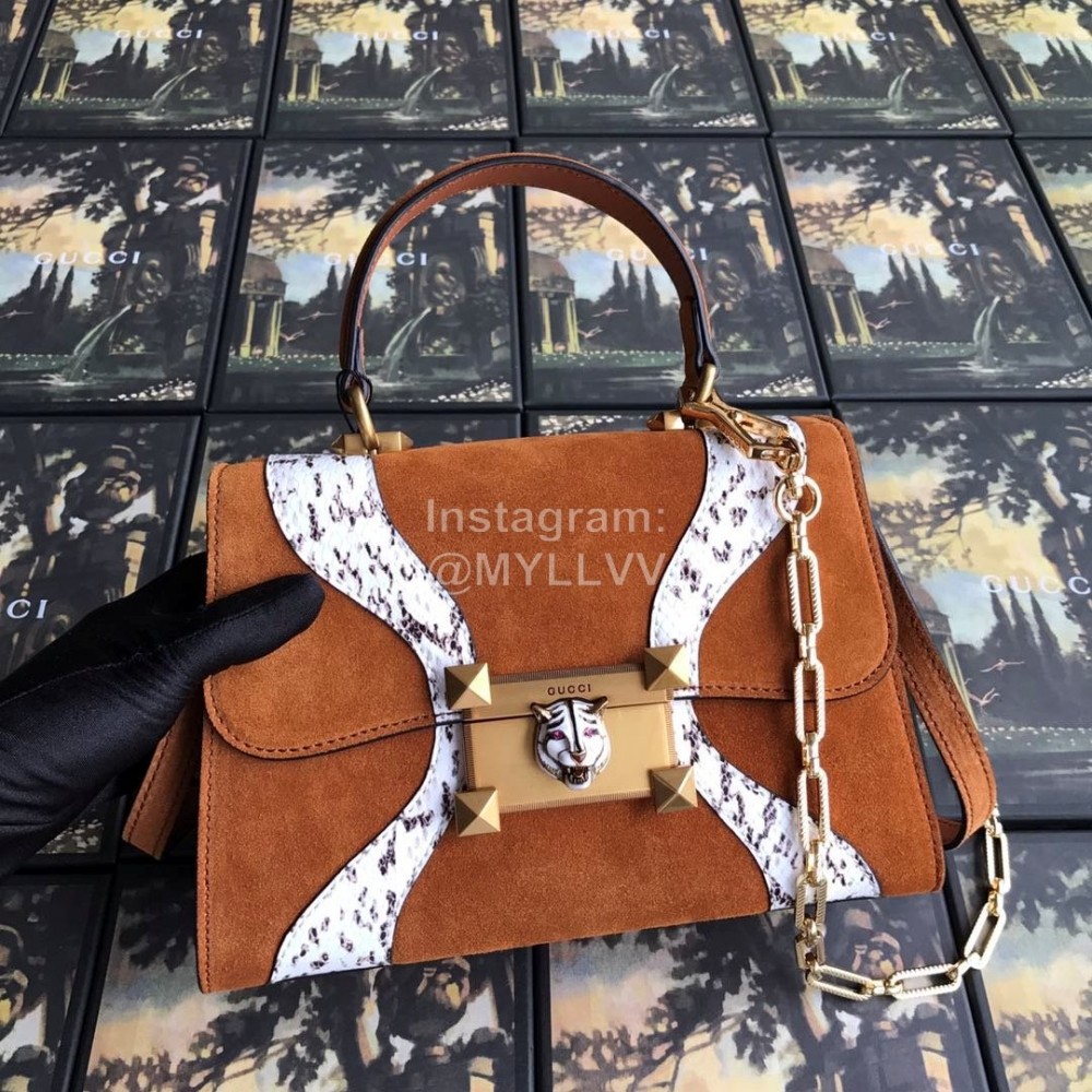 Gucci Wolf Head Snake Pattern Frosted Handbag Brown 497996