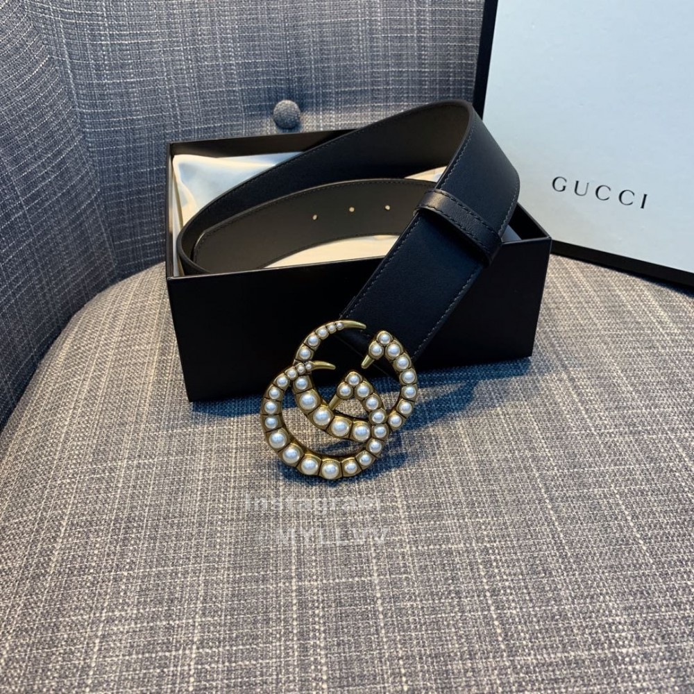 Gucci Black Calf Pearl Gg Buckle Belts For Women 