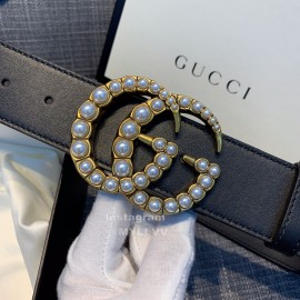 Gucci Black Calf Pearl Gg Buckle Belts For Women 
