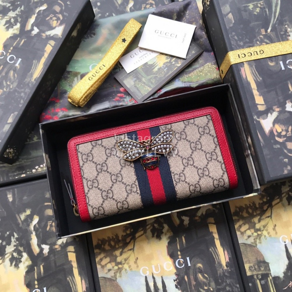 Gucci Bee Glass Beads Colorful Crystal Shiny Ribbon Zipper Around Long Wallet Red 476069