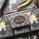 Gucci Bronzing Tiger Head Butterfly Print Leather Short Wallet Brown Yellow 476420