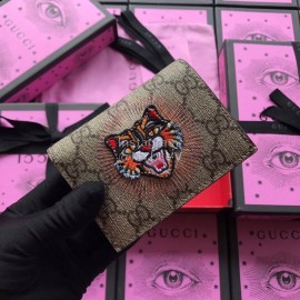 Gucci Cat Head Embroidered Butterfly Print Leather Short Wallet Red 476412