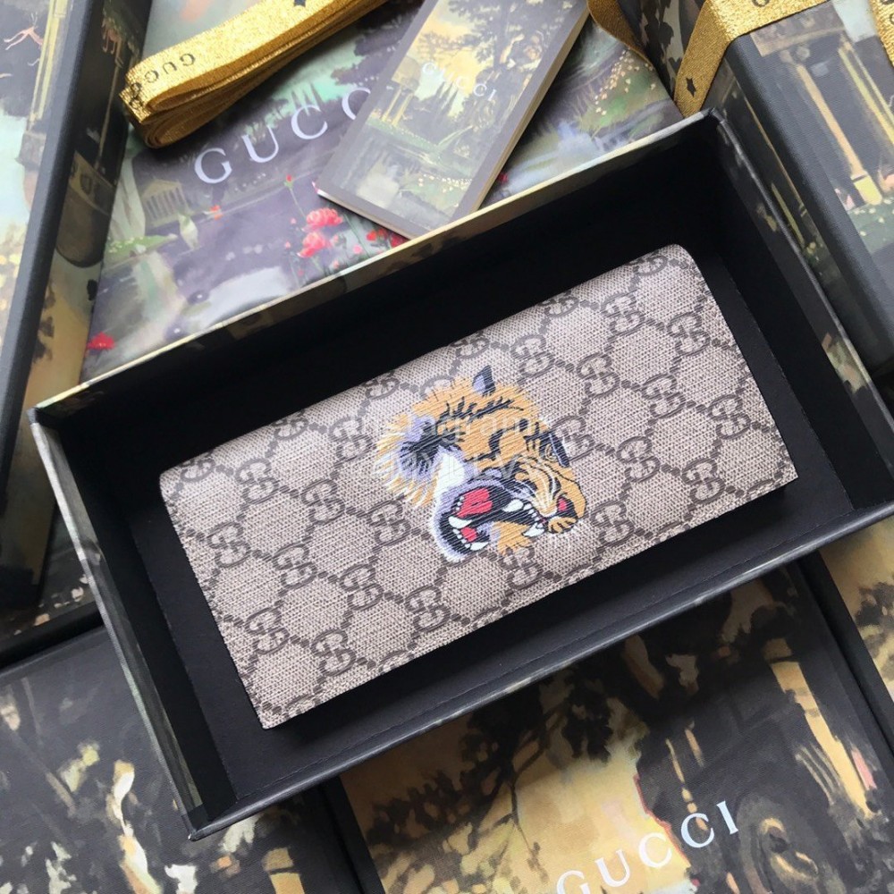 Gucci Yellow Tiger Print Leather Flap Wallet Brown 459456
