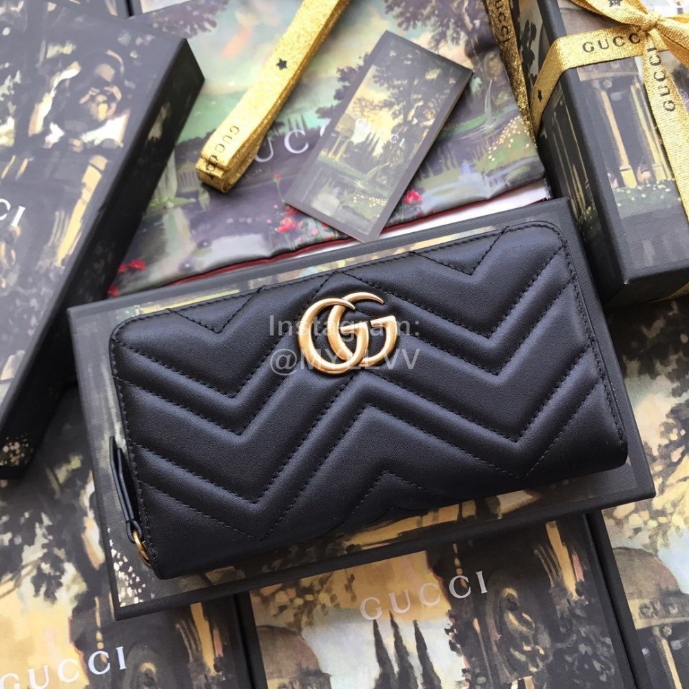 Gucci  GG Marmont Chevron Pattern Quilted Zipper Around Long Cowhide Wallet Black 443123