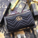 Gucci  GG Marmont Chevron Pattern Quilted Zipper Around Long Cowhide Wallet Black 443123