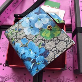 Gucci Blooms Geranium Print Short Clamshell Leather Wallet Blue 410071