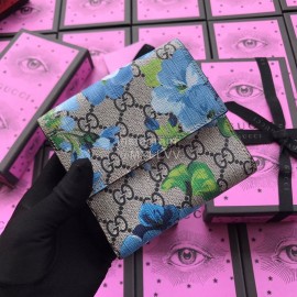 Gucci Blooms Geranium Print Short Clamshell Leather Wallet Blue 410071