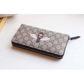 Gucci  GG Bee Embroidered Cowhide Leather Zipper Around Long Wallet Coffee Color 451273