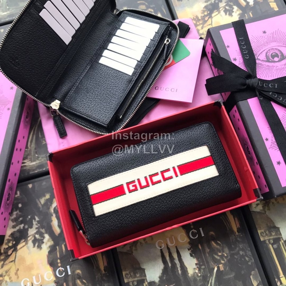 Gucci Athletics Letter Ribbon Zipper Around Long Cowhide Wallet Black 459138