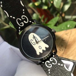 Gucci Black Leather Dial Rubber Strap Watch