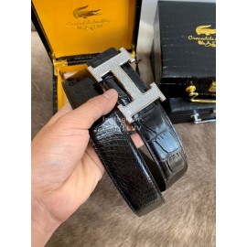 Hermes Black Crocodile Skin Diamond H Buckle 38mm Belt For Men