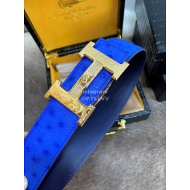Hermes Blue Ostrich Skin Diamond Gold H Buckle 38mm Belt For Men