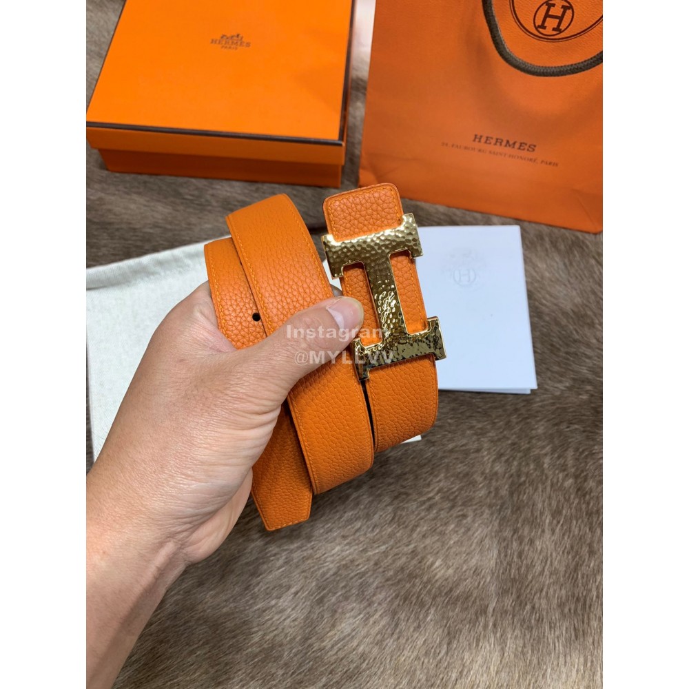 Hermes Litchi Grain Togo Leather Pure Steel Buckle 32mm Belt Orange